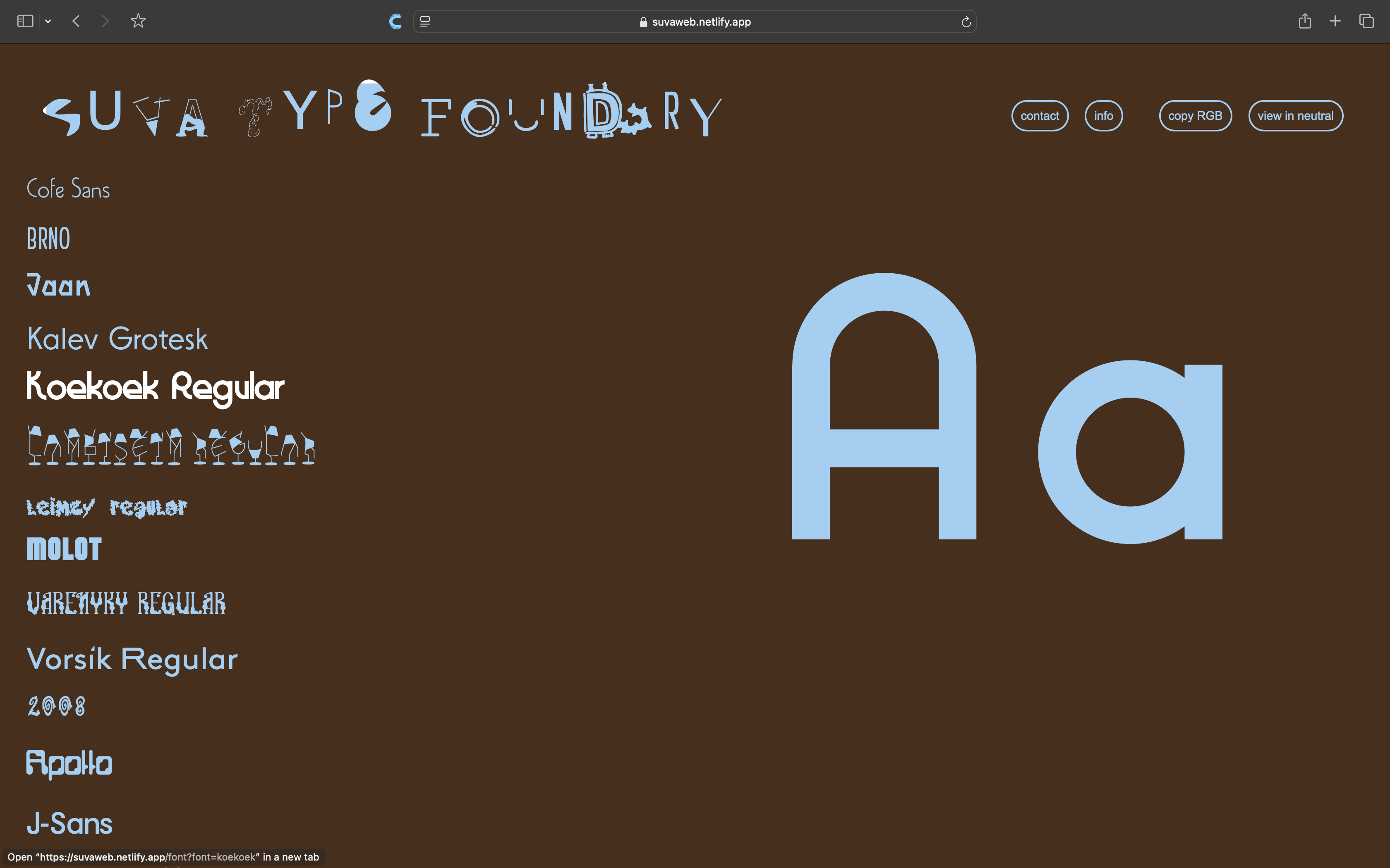Screenshot of the Suva! website proposal for EKA's student fonts archive